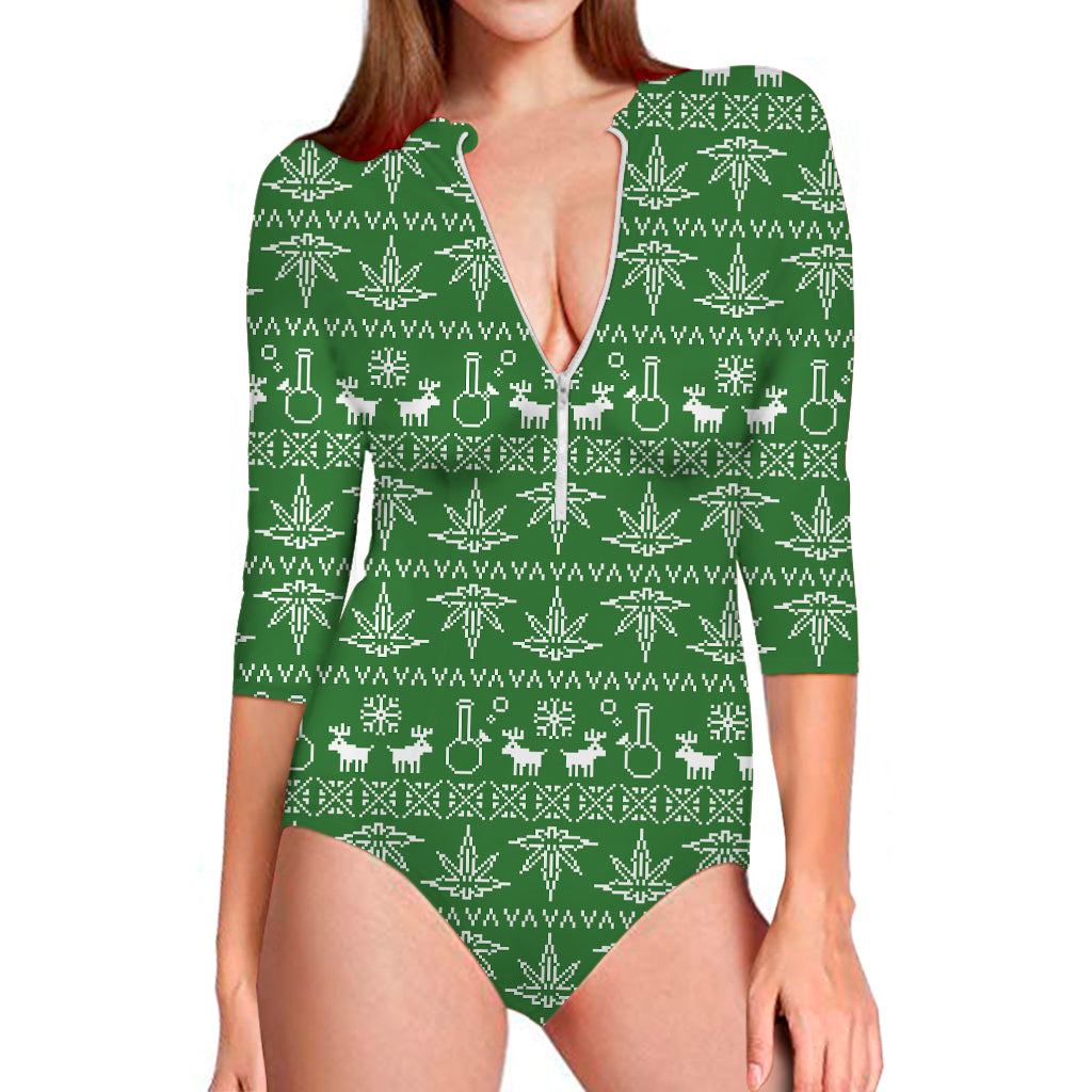 Christmas Pot Leaf Pattern Print Long Sleeve Swimsuit