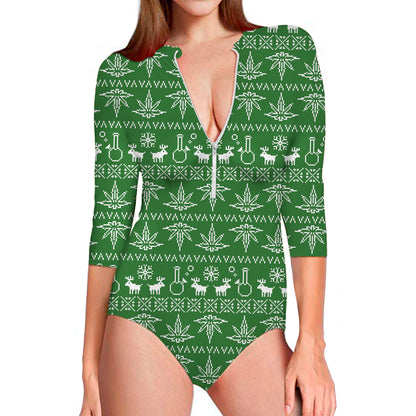 Christmas Pot Leaf Pattern Print Long Sleeve Swimsuit