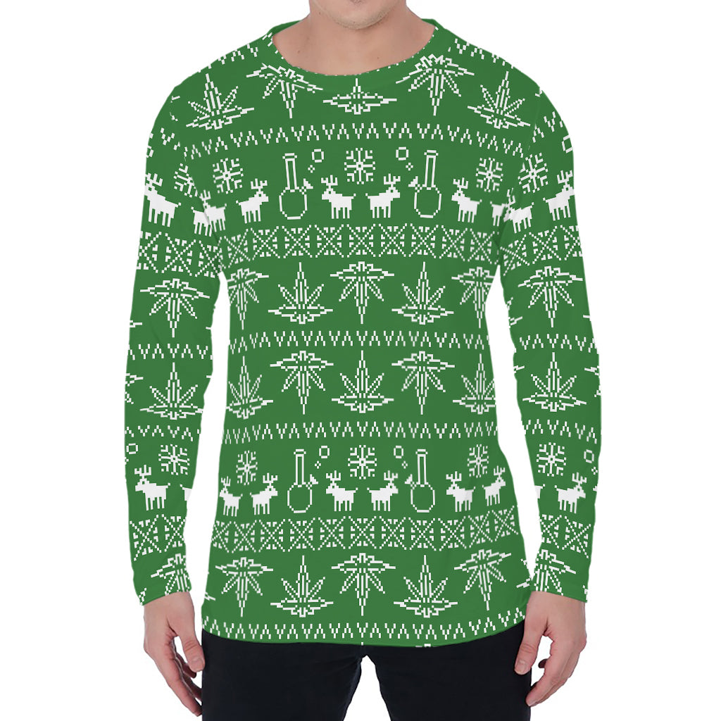 Christmas Pot Leaf Pattern Print Men's Long Sleeve T-Shirt