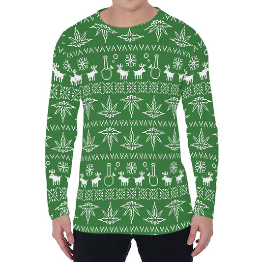 Christmas Pot Leaf Pattern Print Men's Long Sleeve T-Shirt