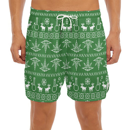 Christmas Pot Leaf Pattern Print Men's Split Running Shorts