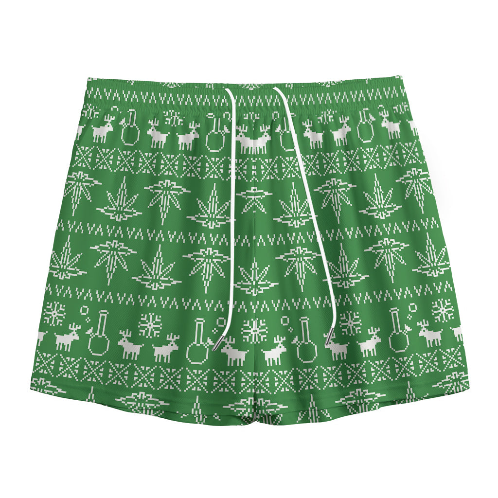 Christmas Pot Leaf Pattern Print Mesh Shorts