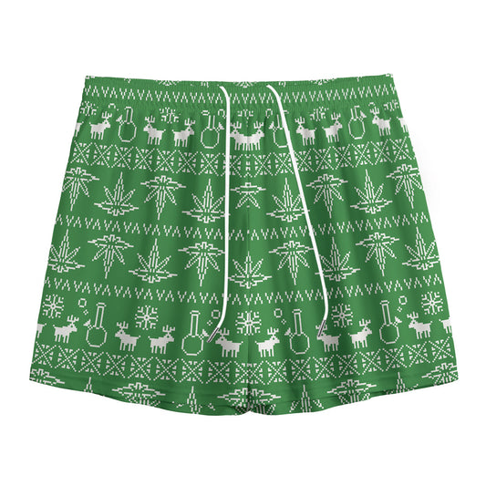 Christmas Pot Leaf Pattern Print Mesh Shorts