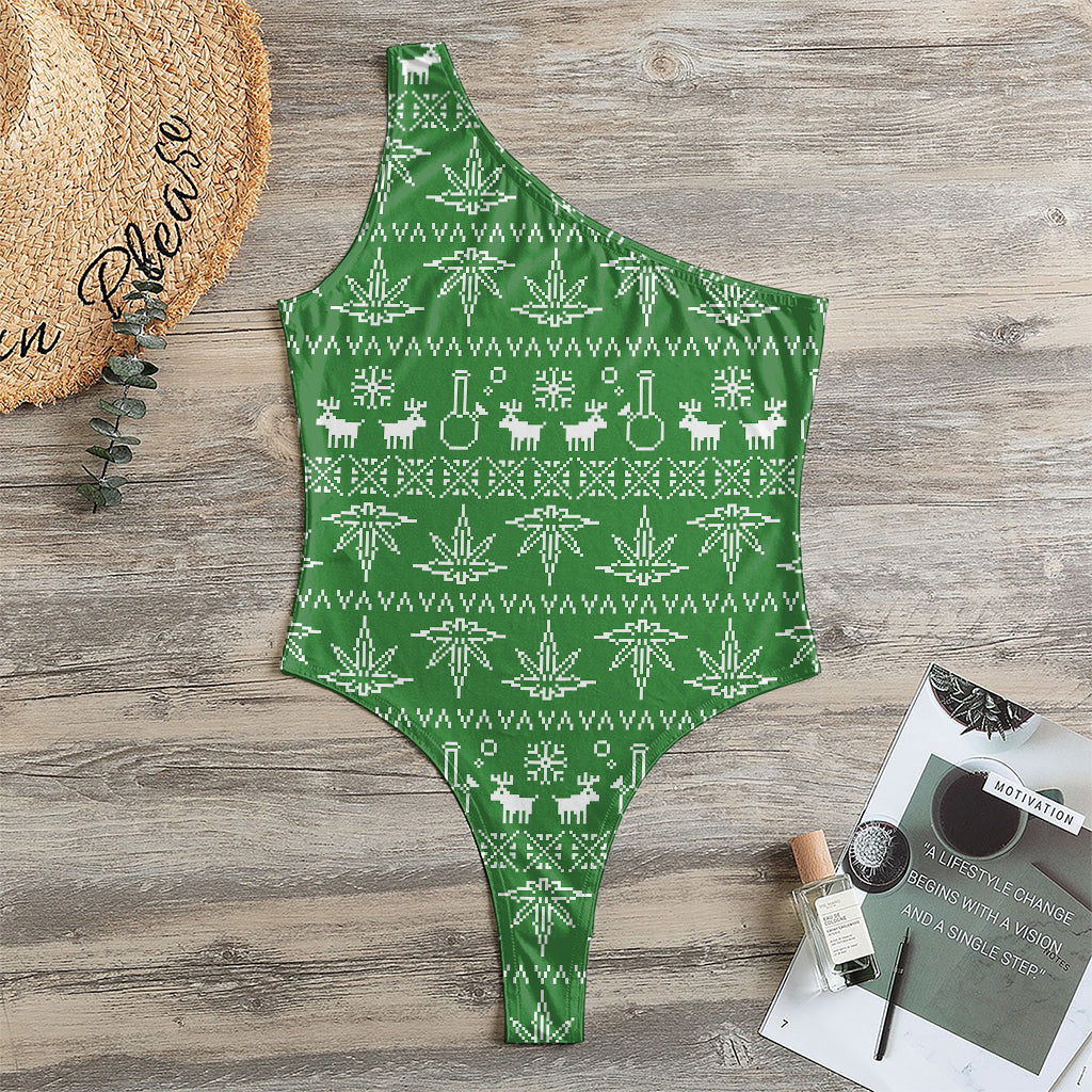 Christmas Pot Leaf Pattern Print One Shoulder Bodysuit