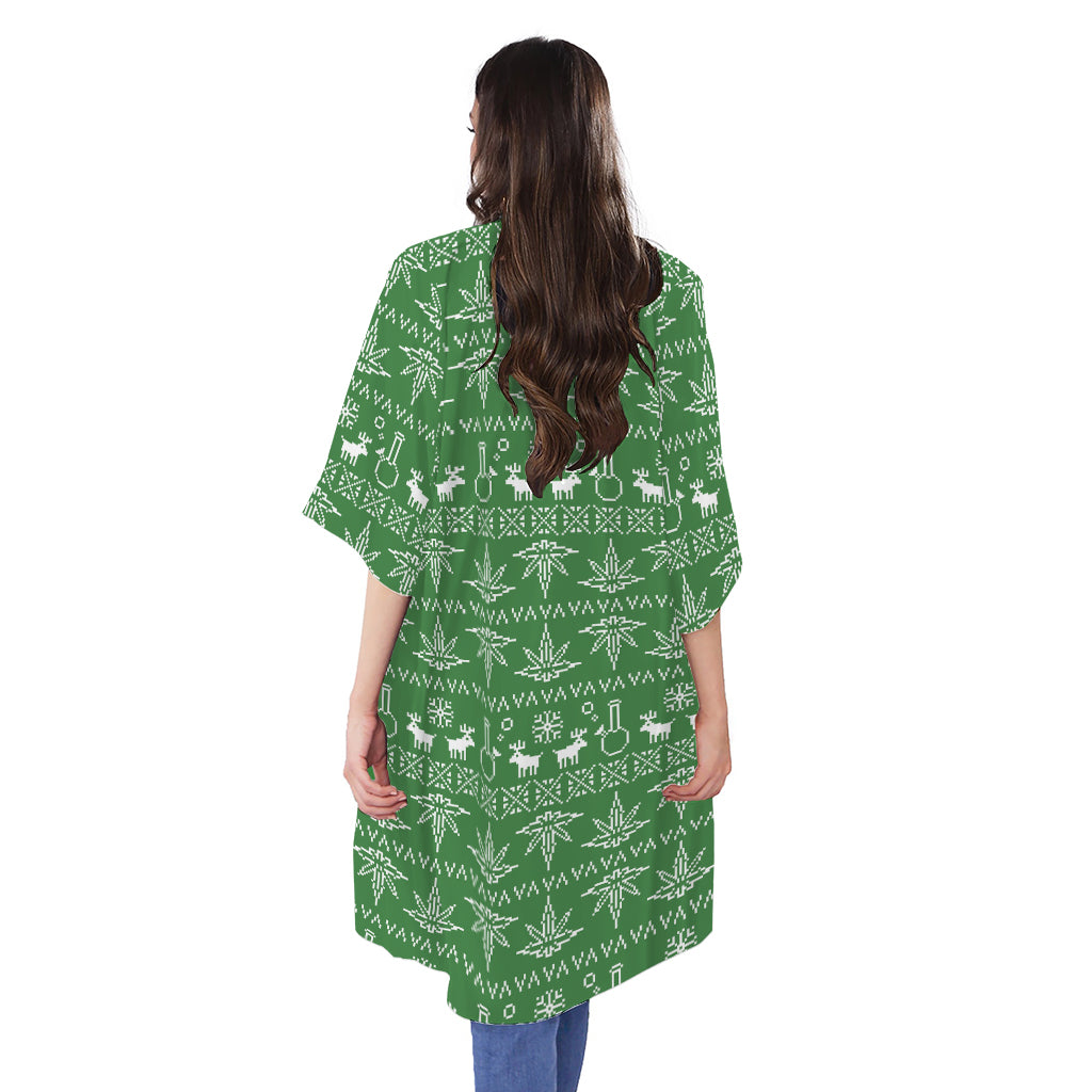 Christmas Pot Leaf Pattern Print Open Front Beach Cover Up
