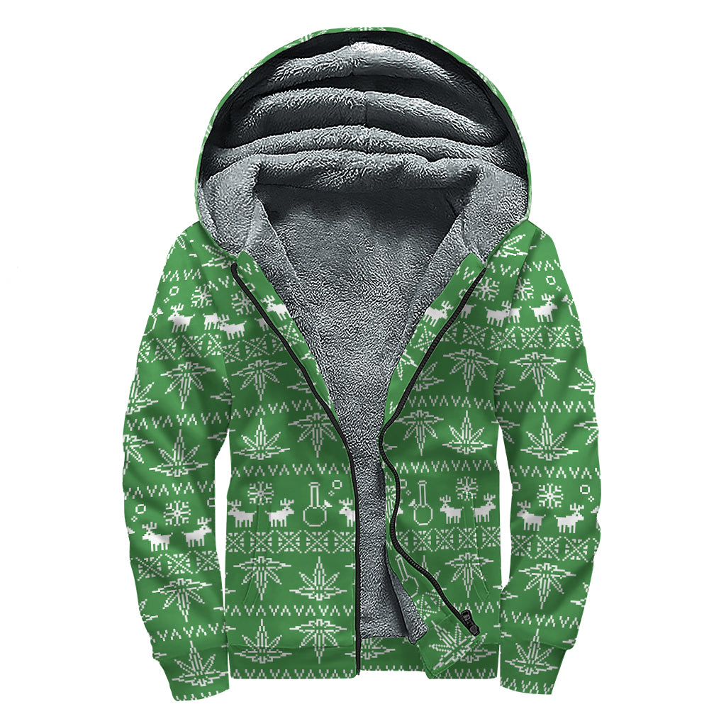 Christmas Pot Leaf Pattern Print Sherpa Lined Zip Up Hoodie