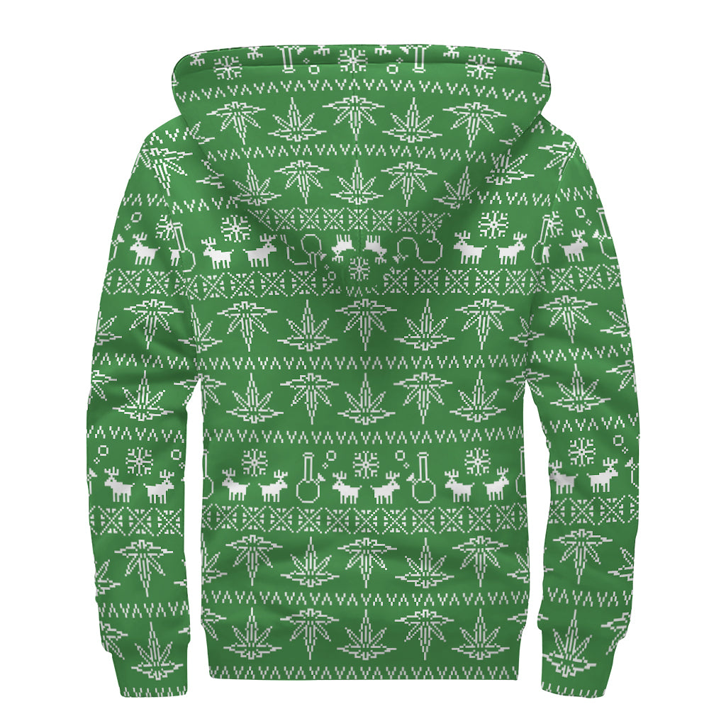 Christmas Pot Leaf Pattern Print Sherpa Lined Zip Up Hoodie