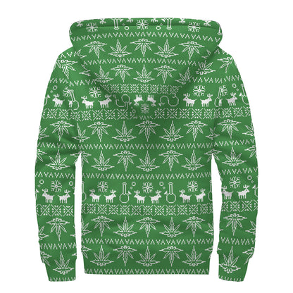 Christmas Pot Leaf Pattern Print Sherpa Lined Zip Up Hoodie