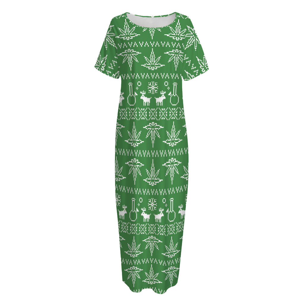 Christmas Pot Leaf Pattern Print Short Sleeve Long Nightdress