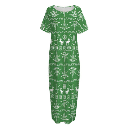 Christmas Pot Leaf Pattern Print Short Sleeve Long Nightdress