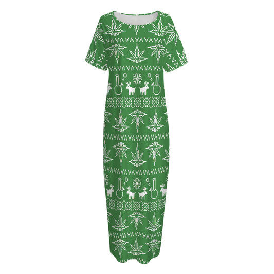 Christmas Pot Leaf Pattern Print Short Sleeve Long Nightdress