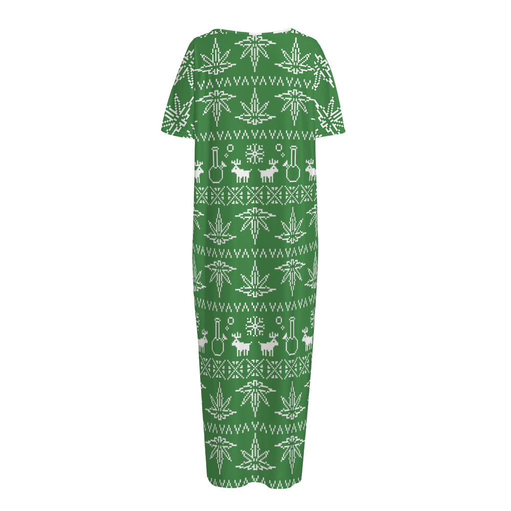 Christmas Pot Leaf Pattern Print Short Sleeve Long Nightdress