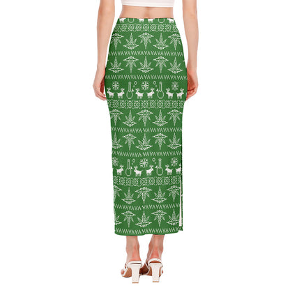 Christmas Pot Leaf Pattern Print Side Slit Maxi Skirt