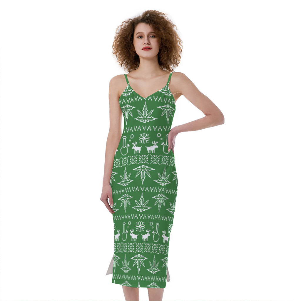 Christmas Pot Leaf Pattern Print Slim Fit Midi Cami Dress