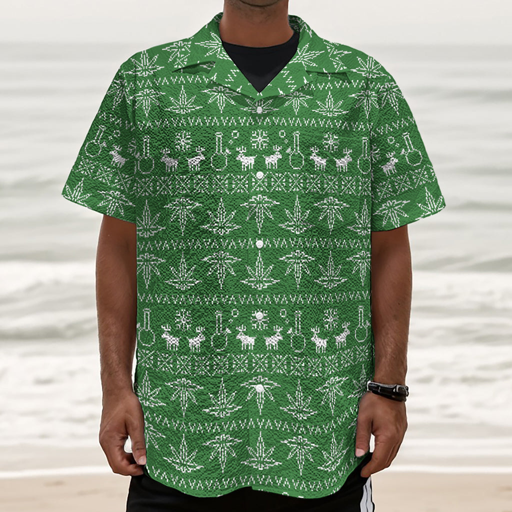 Christmas Pot Leaf Pattern Print Textured Short Sleeve Shirt
