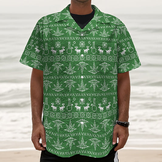 Christmas Pot Leaf Pattern Print Textured Short Sleeve Shirt