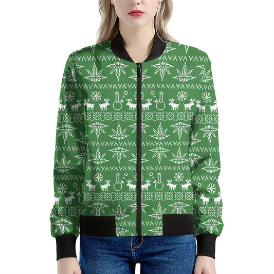 Christmas Pot Leaf Pattern Print Women's Bomber Jacket