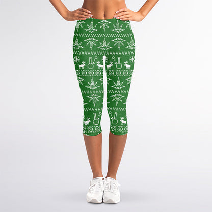 Christmas Pot Leaf Pattern Print Women's Capri Leggings