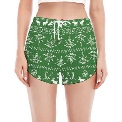 Christmas Pot Leaf Pattern Print Women's Split Running Shorts