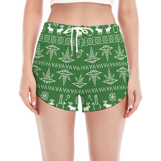 Christmas Pot Leaf Pattern Print Women's Split Running Shorts