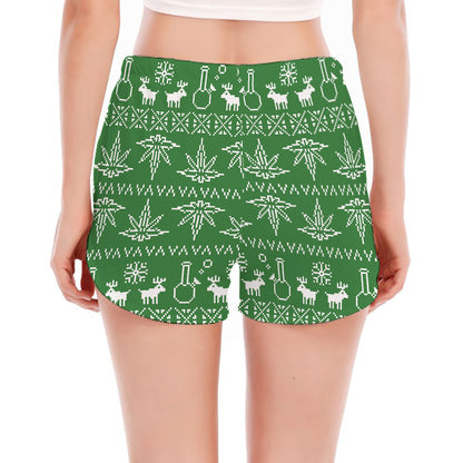 Christmas Pot Leaf Pattern Print Women's Split Running Shorts