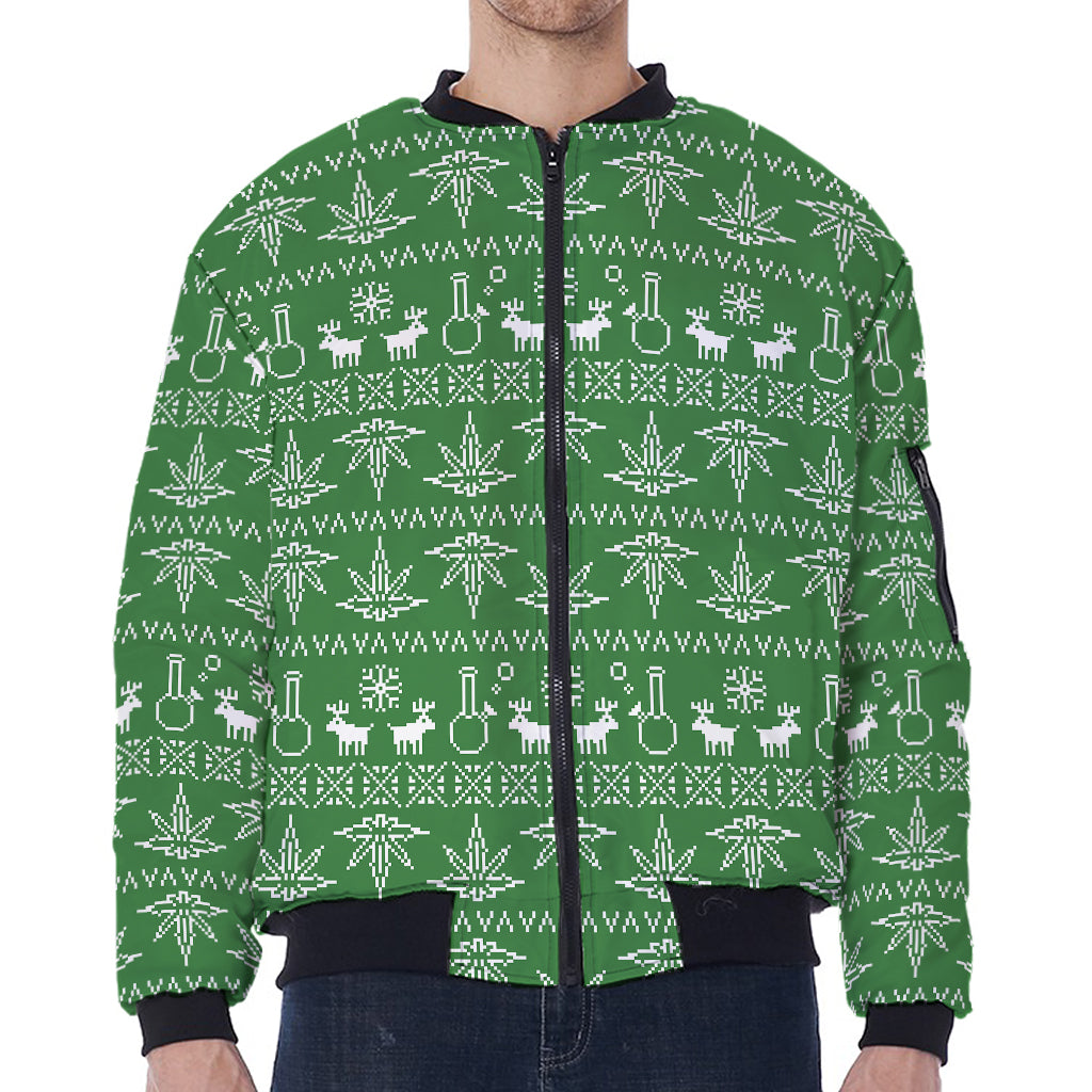 Christmas Pot Leaf Pattern Print Zip Sleeve Bomber Jacket