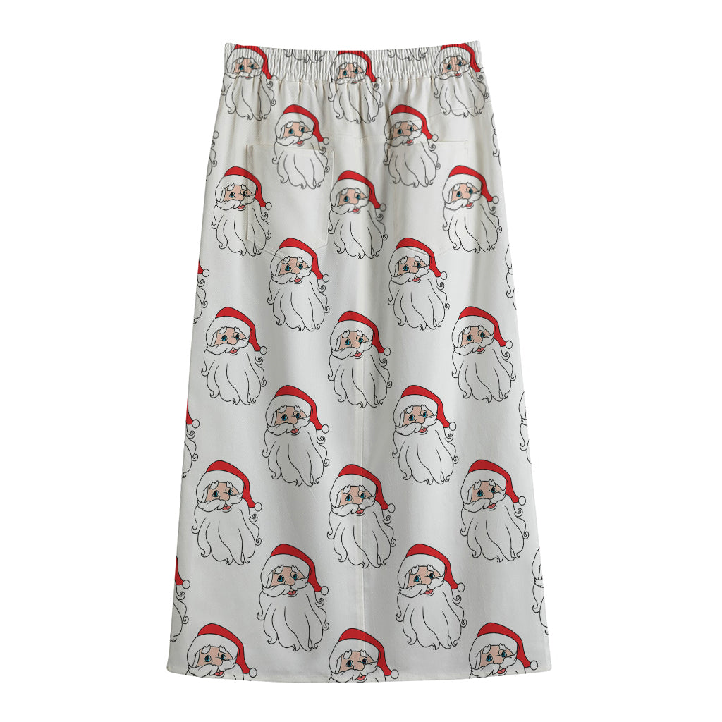 Christmas Santa Claus Pattern Print Cotton Front Slit Maxi Skirt