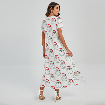 Christmas Santa Claus Pattern Print Short Sleeve Maxi Dress