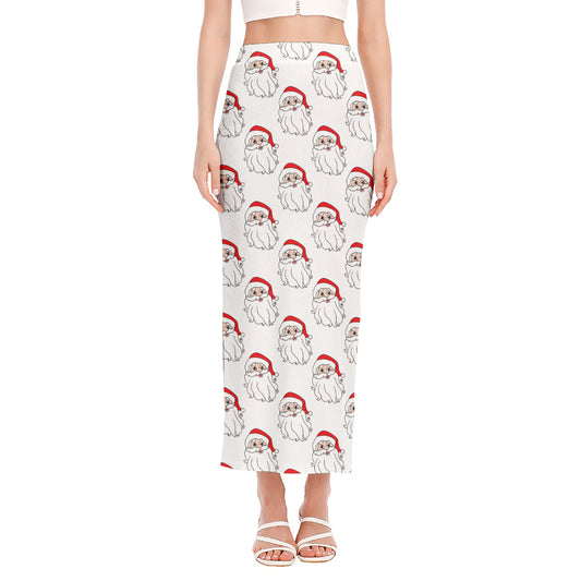 Christmas Santa Claus Pattern Print Side Slit Maxi Skirt