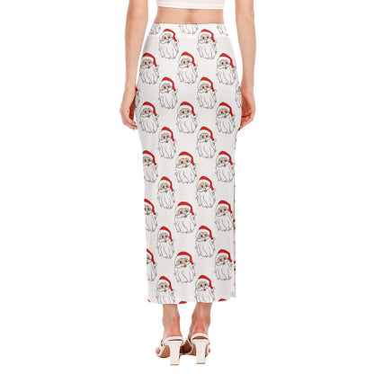 Christmas Santa Claus Pattern Print Side Slit Maxi Skirt