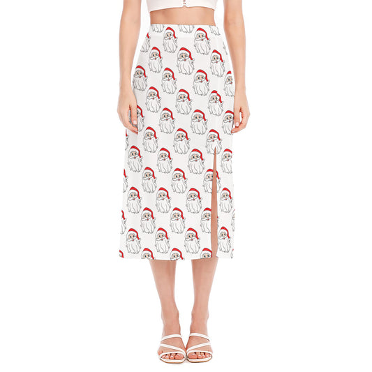 Christmas Santa Claus Pattern Print Side Slit Midi Skirt
