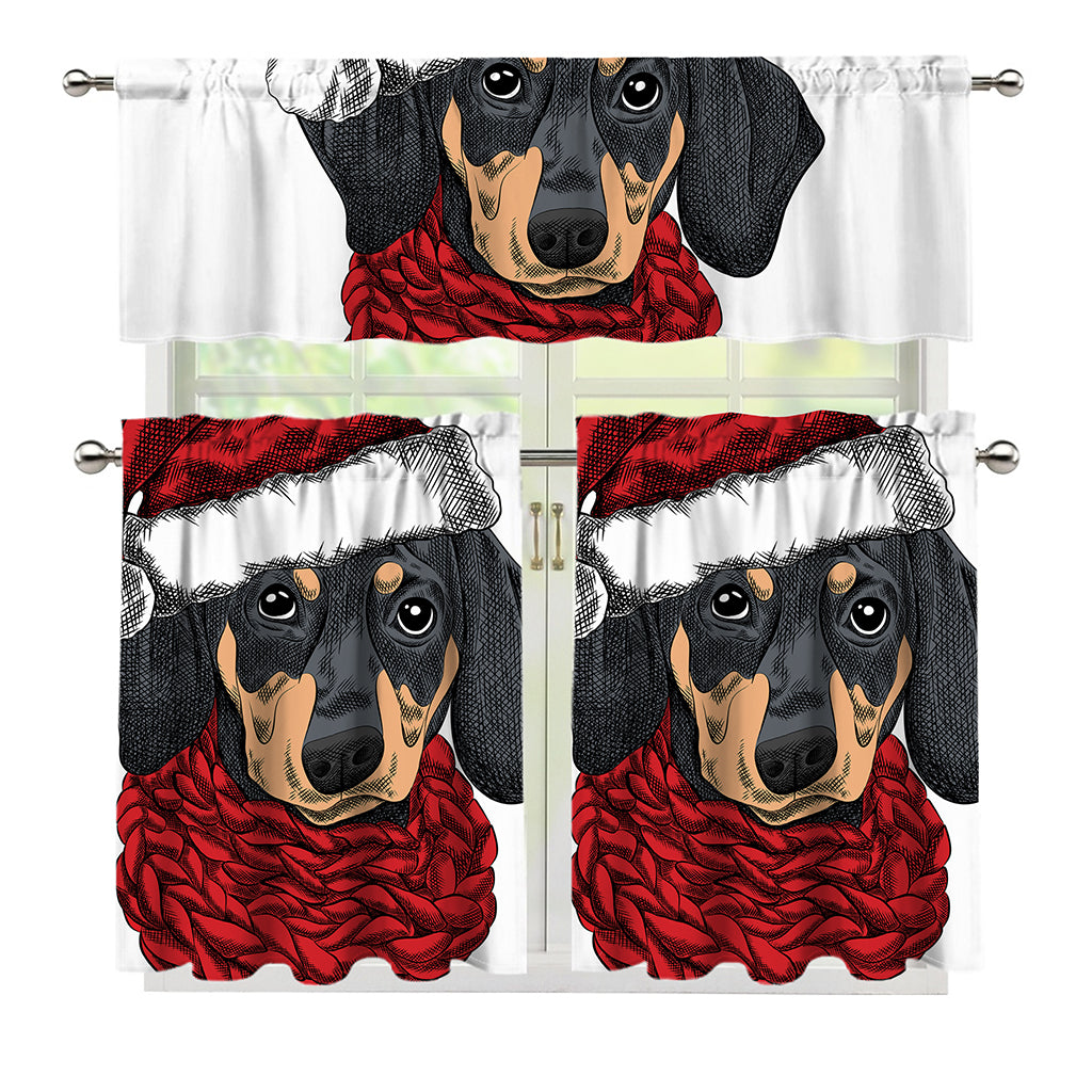 Christmas Santa Dachshund Print 3 Piece Kitchen Curtains