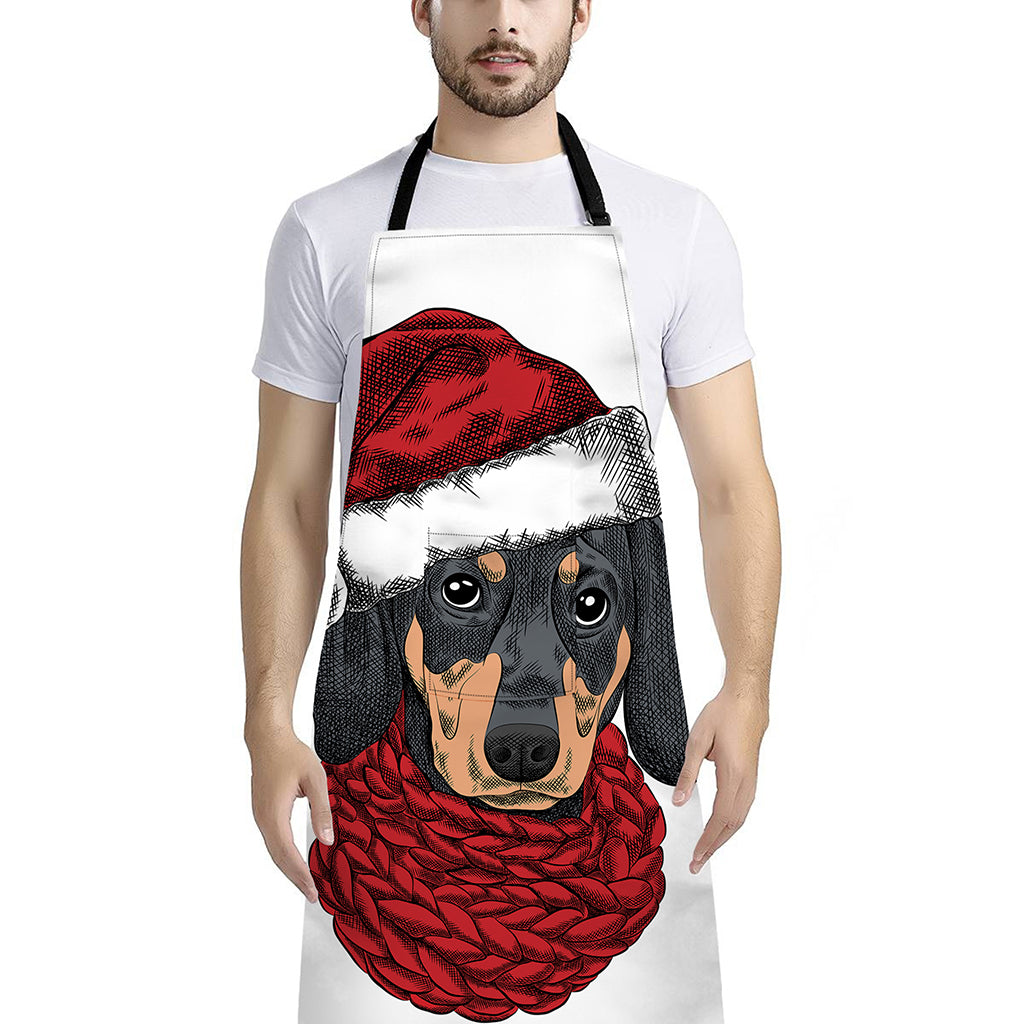 Christmas Santa Dachshund Print Bib Apron With Pocket