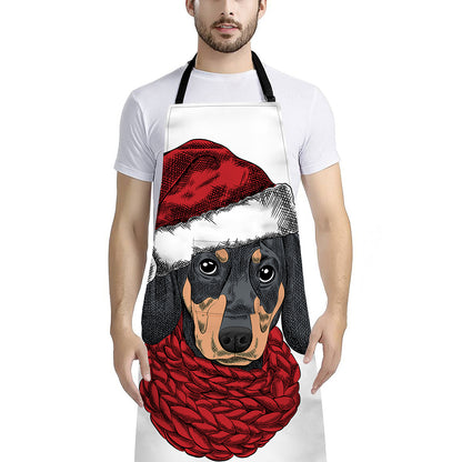 Christmas Santa Dachshund Print Bib Apron With Pocket