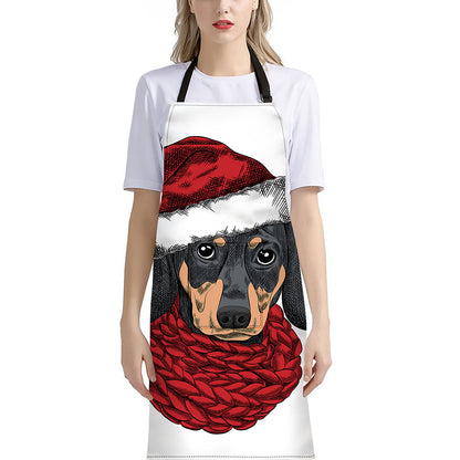 Christmas Santa Dachshund Print Bib Apron With Pocket