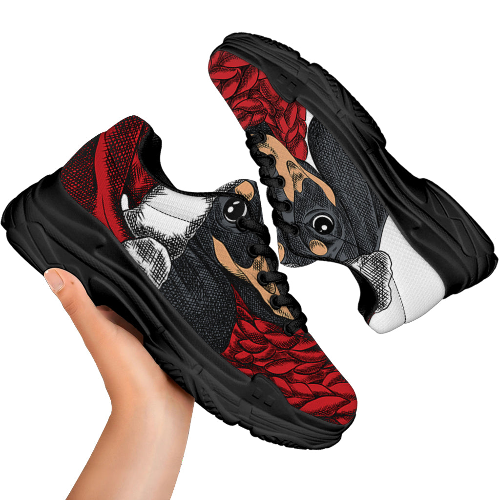 Christmas Santa Dachshund Print Black Chunky Shoes