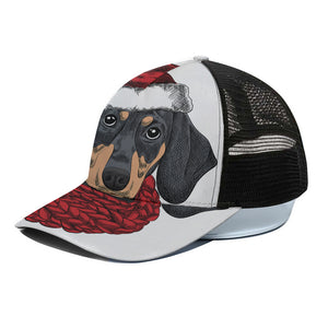 Christmas Santa Dachshund Print Black Mesh Trucker Cap