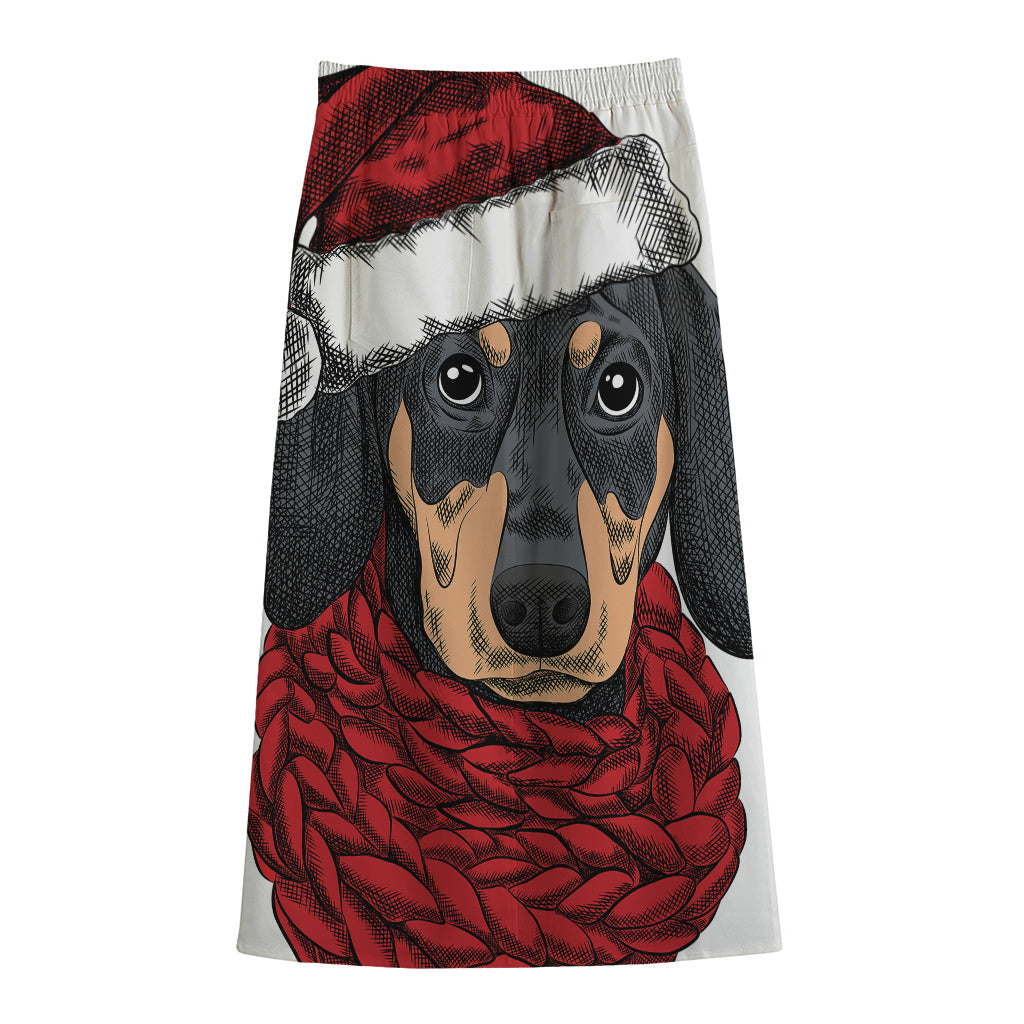 Christmas Santa Dachshund Print Cotton Front Slit Maxi Skirt