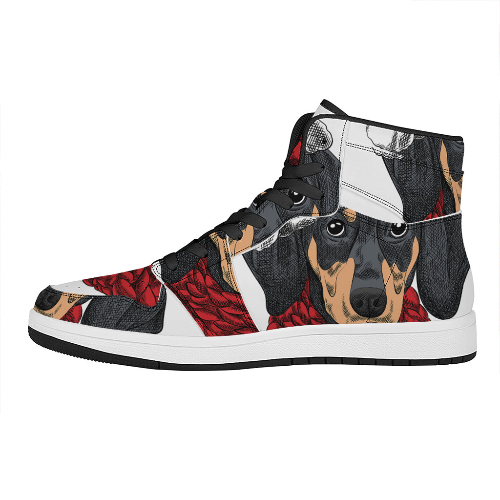 Christmas Santa Dachshund Print High Top Leather Sneakers