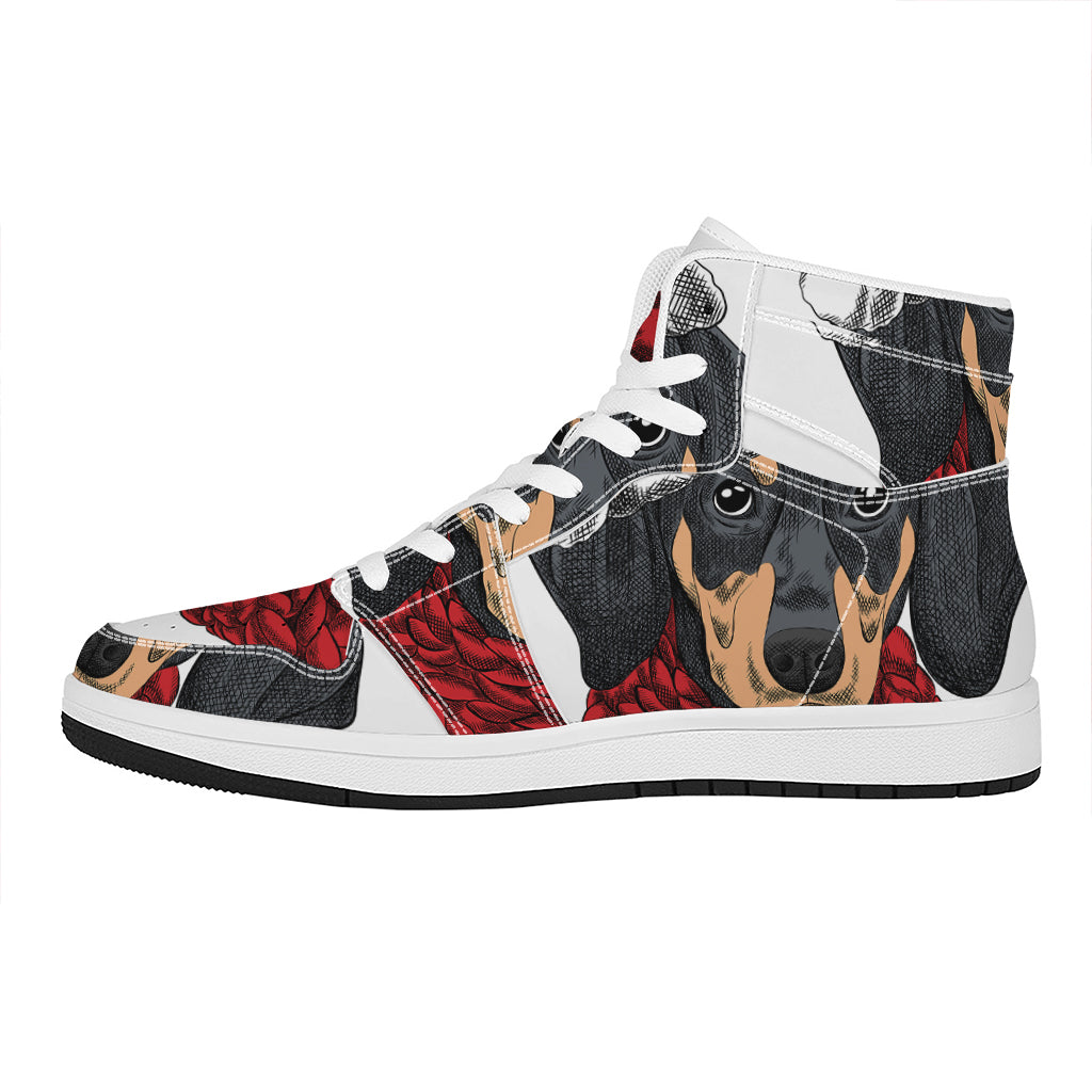 Christmas Santa Dachshund Print High Top Leather Sneakers