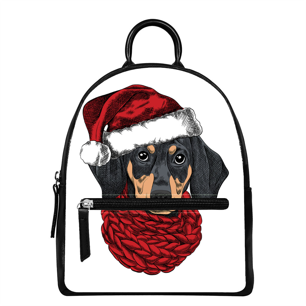 Christmas Santa Dachshund Print Leather Backpack