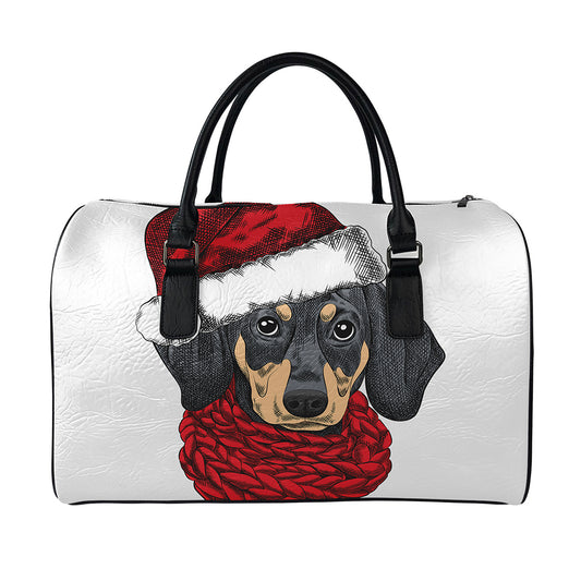 Christmas Santa Dachshund Print Leather Duffle Bag