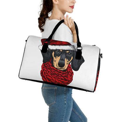 Christmas Santa Dachshund Print Leather Duffle Bag