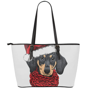 Christmas Santa Dachshund Print Leather Tote Bag