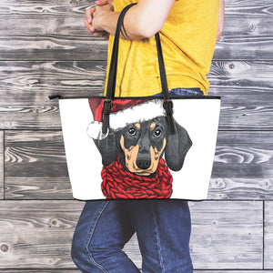 Christmas Santa Dachshund Print Leather Tote Bag