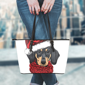 Christmas Santa Dachshund Print Leather Tote Bag