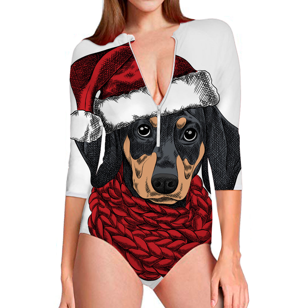 Christmas Santa Dachshund Print Long Sleeve Swimsuit