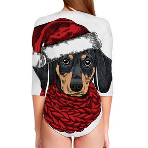 Christmas Santa Dachshund Print Long Sleeve Swimsuit