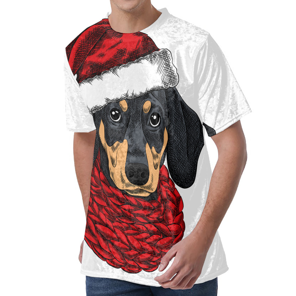 Christmas Santa Dachshund Print Men's Velvet T-Shirt