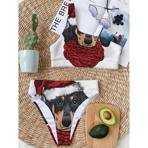 Christmas Santa Dachshund Print One Shoulder Bikini Top